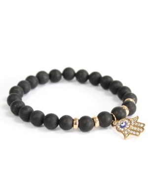 Hamsa / Ágata negra - Pulsera de piedras preciosas