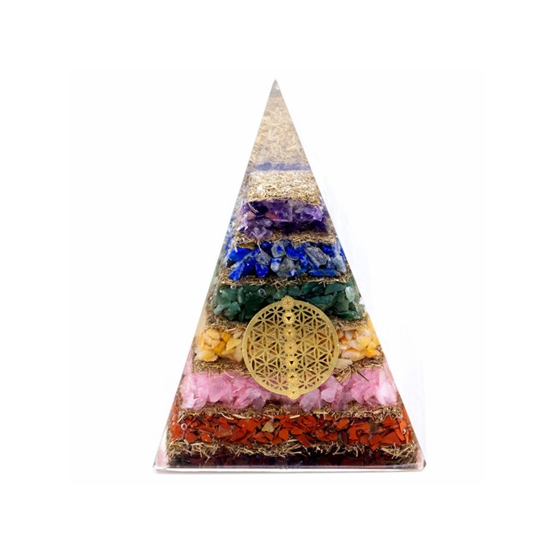 Pirámide de Orgonita Lrg 70mm - Gemas Chakra - Flor de la Vida de los Siete Chakras- 70 mm