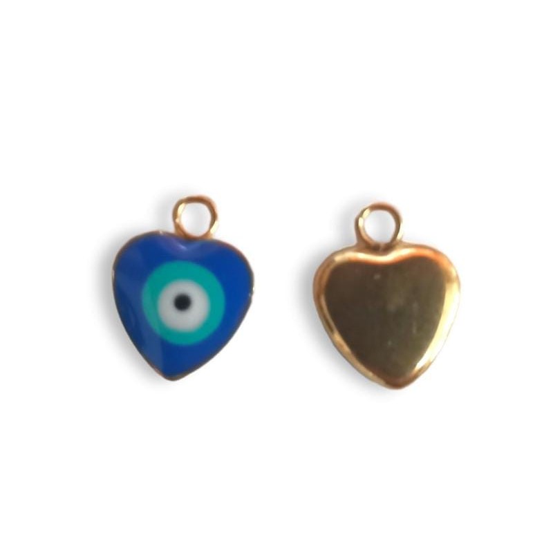 AMULETO OJO TURCO AZUL corazón en acero y cristal dorado 0,8 cm